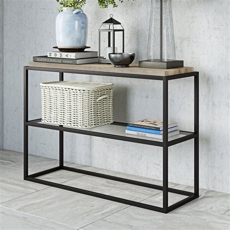 Farmhouse 2 Tier Console Table With Burnished Oak Shelf Wood Sofa Table Metal Entryway Table