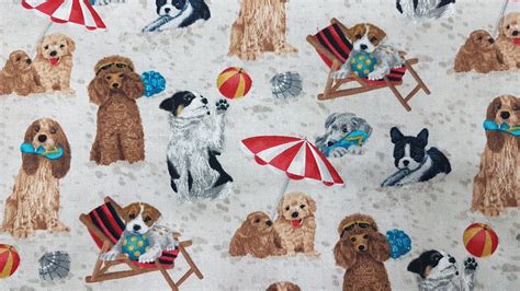 Dog Fabric Dog On Beach Fabric Dog Lover Fabric 100 Etsy