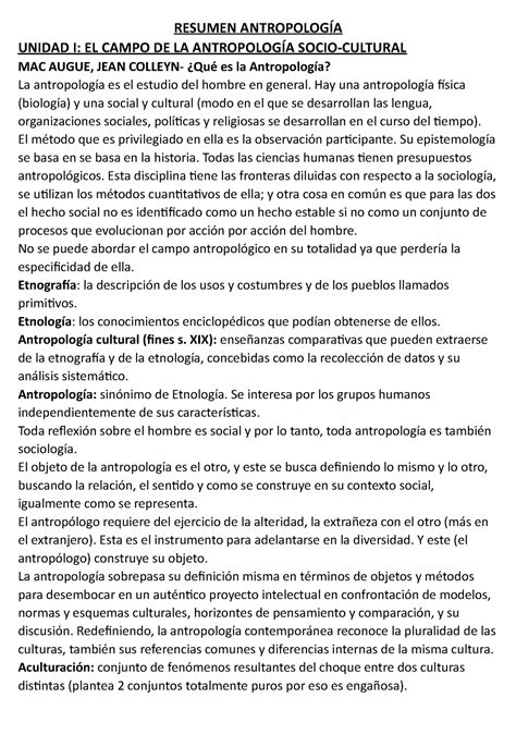 Resumen Antropología FINAL RESUMEN ANTROPOLOGÍA UNIDAD I EL CAMPO DE