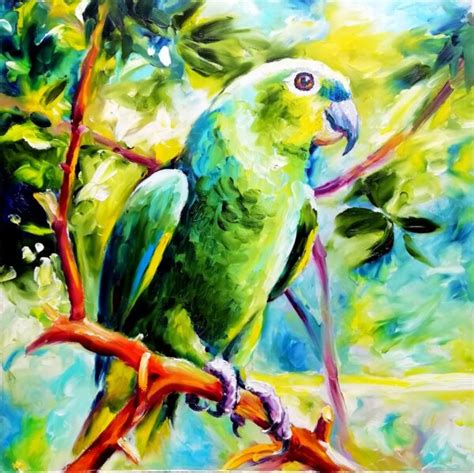 Parrot Painting Bird Original Art Green Parrot Artwork By