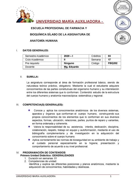 Silabo Fbq Anatomia Humana I Escuela Profesional De Farmacia