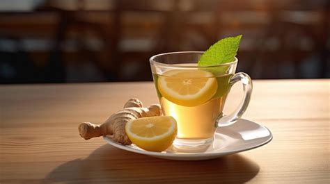 Premium AI Image A Cup Of Ginger Tea With A Lemon On The Side