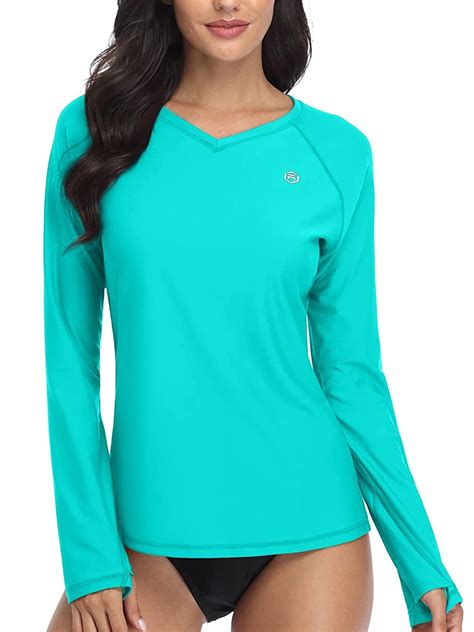 Women Rash Guard Swim Shirt Long Sleeve Sun Protection Thumb Hole Upf 50 V Neck