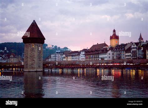 View Over River Reuss With Kapellbruecke Chapel Bridge And Wasserturm