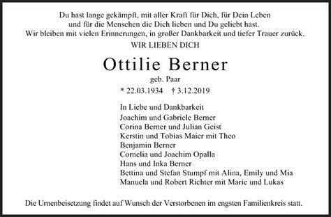 Traueranzeigen Von Ottilie Berner Zeit Des Gedenkens De