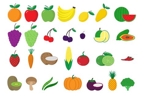 Fruits And Vegetables Vector Set Orange Apple Banana Lemon Mango