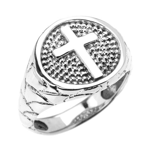 White Gold Textured Band Christian Religious Cross Mens Ring