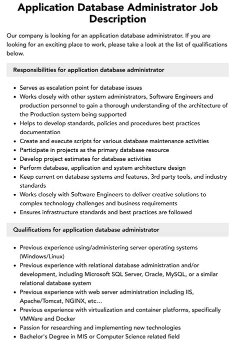 Application Database Administrator Job Description Velvet Jobs