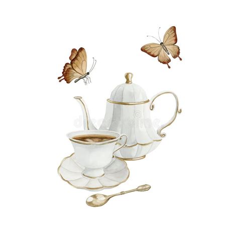 Composition Of White Porcelain Teapot Tea Cup And Saucer With Gilded