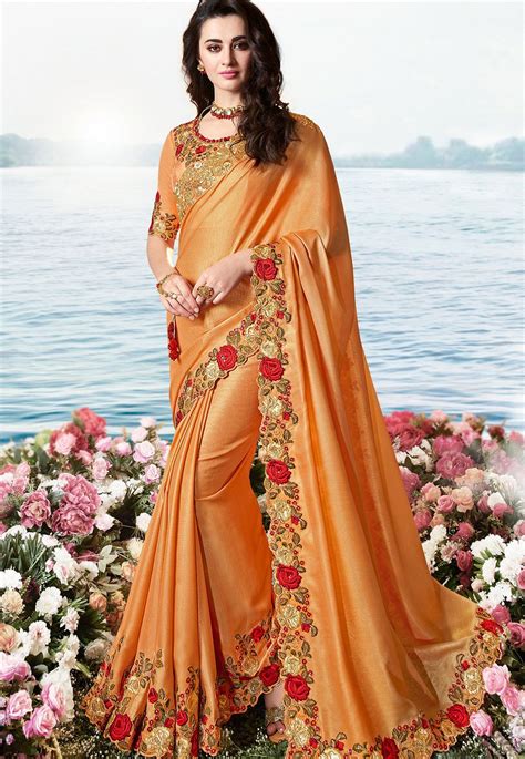 Peach Satin Silk Heavy Embroidered Saree