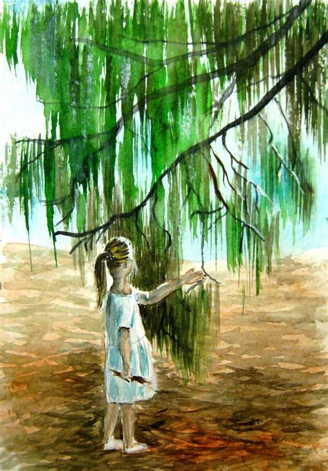 Little Girl And Willow Tree Painting by Alexandra Sharopina | Saatchi Art