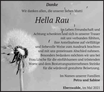 Traueranzeigen von Hella Rau Märkische Onlinezeitung Trauerportal