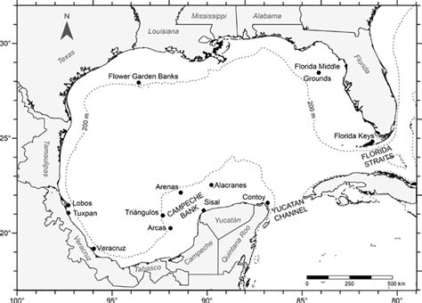 Geographical location of the twelve coral reef systems within the Gulf ...