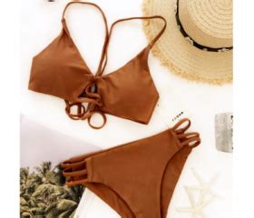Sexy Strappy Bikini Set Retro Swimsuit Swimwear Pure Khaki Bottom Side Hollow Two Piece Bikini
