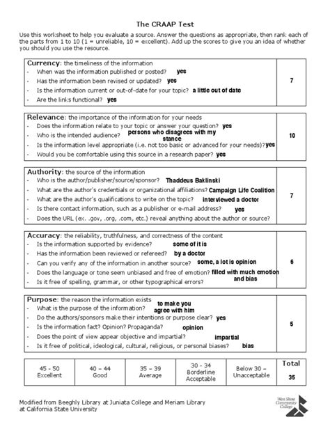 Craap Test Worksheet Epistemology Psychological Concepts