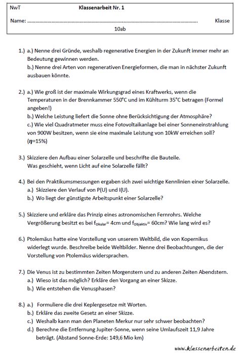 1 NwT Klassenarbeit mit Lösung