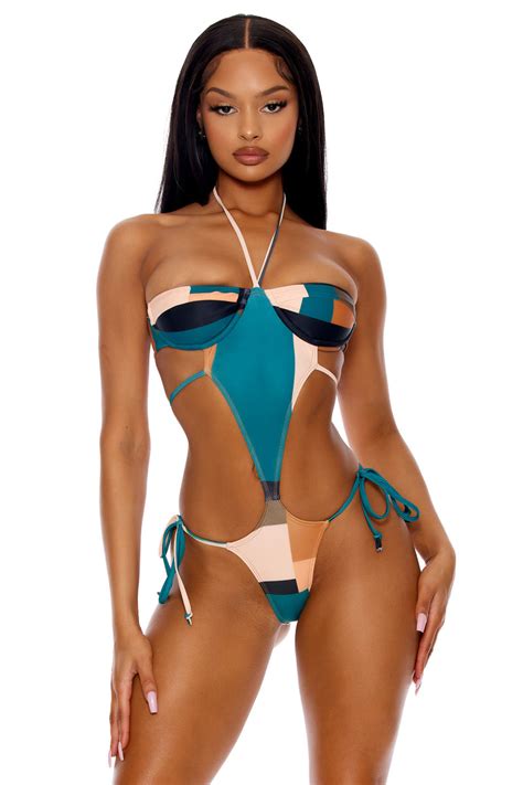 Brazil Bae Monokini 1 Piece Swimsuit Teal Combo Fashion Nova