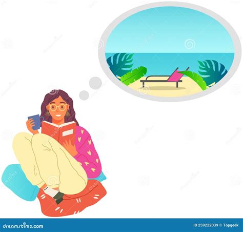 Woman Reading Book and Dreaming about Summer Vacation at Sea, Thinks