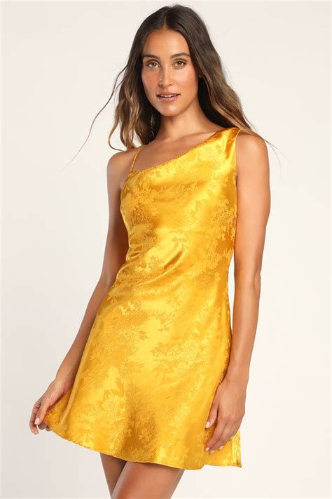 Yellow Satin Mini Dress Slip Dress Satin Jacquard Dress Lulus