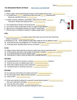 The Wonderful World Of Blood Video Worksheet By Biologycorner Tpt