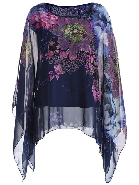 [41 Off] 2021 Batwing Sleeve Printed Chiffon Blouse In Deep Blue