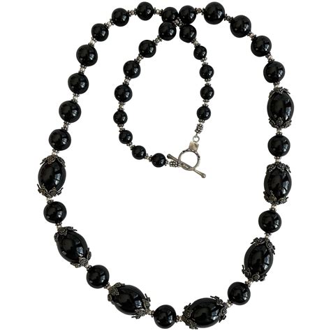 Vintage Long Sterling 925 And Graduated Black Onyx Stone Bead Necklace Ruby Lane