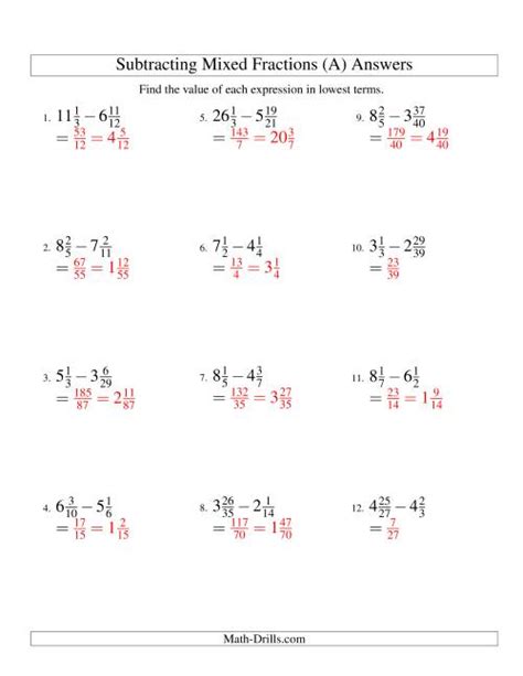 Subtracting Mixed Fractions Worksheets