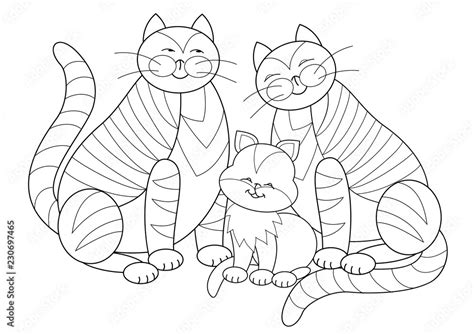 Black and white page for kids coloring book. Illustration of happy cats ...