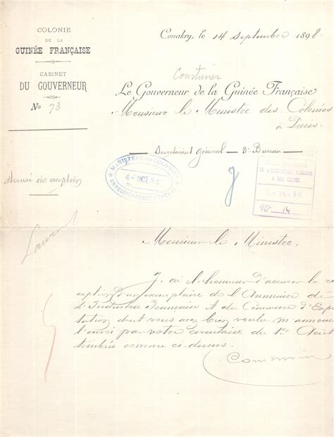 Lettre Autographe Sign Sur Papier En T Te Du Gouverneur De La Guin E