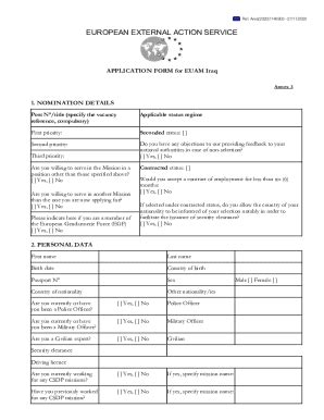 Fillable Online Eeas Europa APPLICATION FORM For EUAM Iraq Fax Email