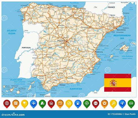 Spain Road Map and Colored Map Pointers Stock Vector - Illustration of ...