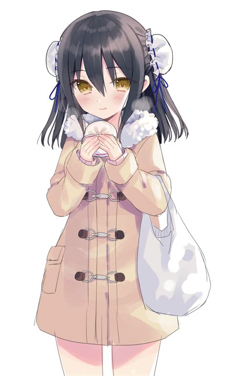 Safebooru 1girl T Bag Bangs Baozi Black Hair Blush Brown Coat Brown Eyes Bun Cover Closed