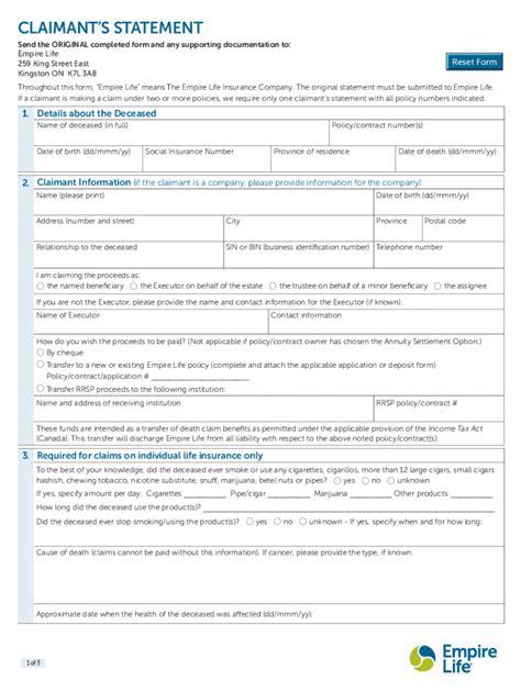 Fillable Online Claimant Statement For Investments And Life Express