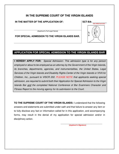 Virgin Islands Application For Special Admission To The Virgin Islands Bar Fill Out Sign