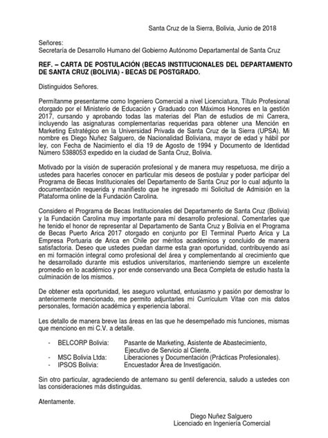 Carta De Postulación Becas Institucionales Del Departamento De Santa Cruz Bolivia Bolivia