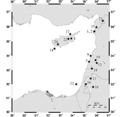 Epicentres Of Tsunamigenic Earthquakes In The Cyprus Levantine Sea