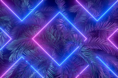 Palm Tree With Neon Lightning Square Frames Abstract Background Stock