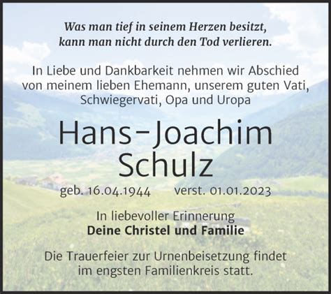 Traueranzeigen Von Hans Joachim Schulz Abschied Nehmen De