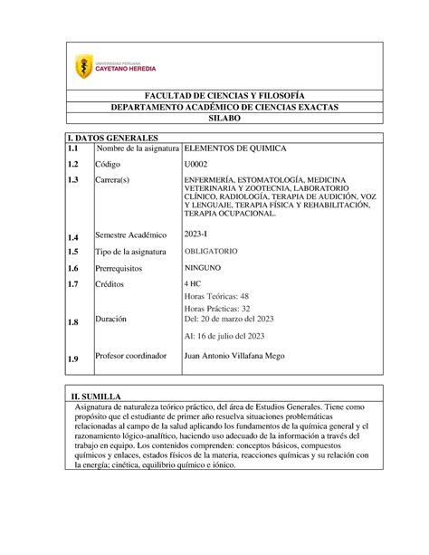 Silabo Elementos De Química 2023 1 3 Facultad De Ciencias Y