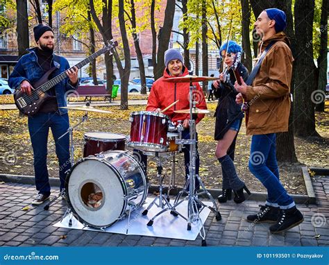 Festival Music Band. Friends Playing on Percussion Instruments City ...