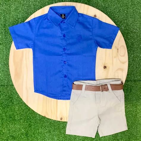 Bermuda Nude Camisa Curta De Linho Azul Infantil Parcelamento Sem Juros