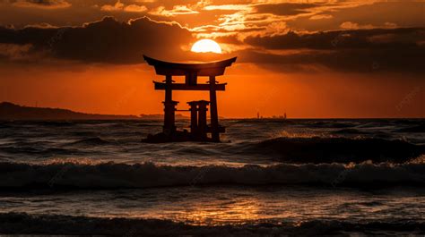 Tori Gate On The Ocean Background Sunset Over The Sea Hd Photography