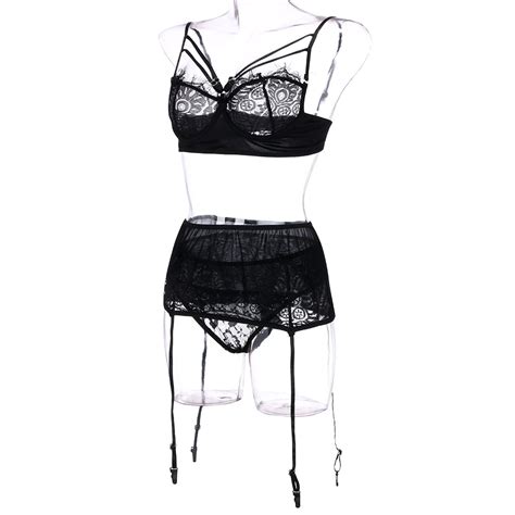 Women Sexy Lace Underwire Bra Sleepwear Bandage Black Seamless Unlined Patchwork Lingerie Garter