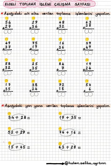 2 Sınıf Eldeli Toplama İşlemi Çalışma Sayfası