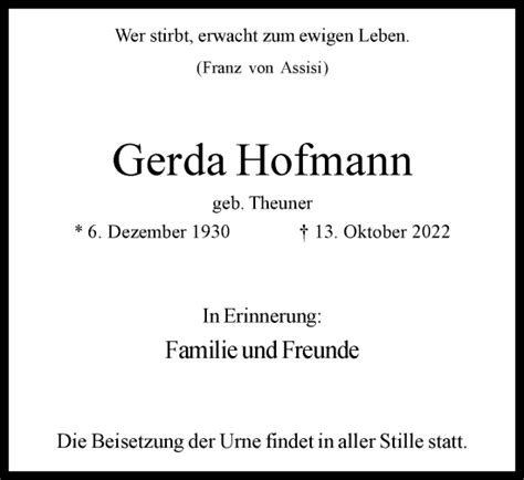 Traueranzeigen Von Gerda Hofmann Trauer In Nrw De