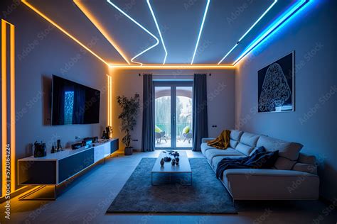 A modern and confortable living room illuminated by led strips ...