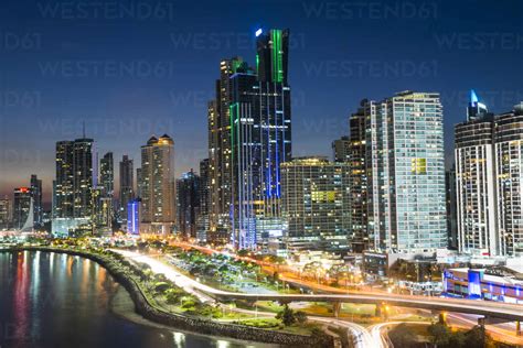 The skyline of Panama City at night, Panama City, Panama, Central America stock photo