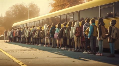 Un Groupe De Jeunes Enfants Montant Dans Le Bus Scolaire Photo Premium