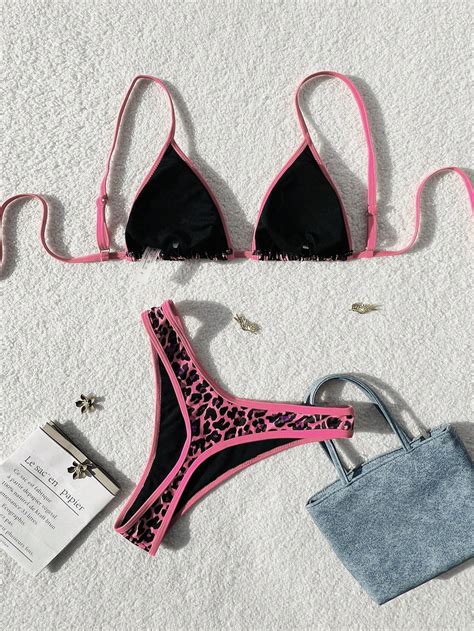 Swim SXY Set de piezas bikini con estampado de leopardo top con tiras de espagueti y sujeción