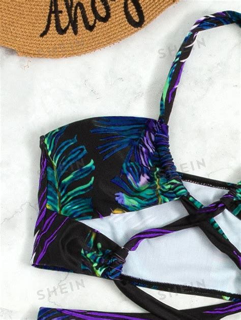 Shein Swim Vcay Conjunto De Tankini Con Estampado Tropical Top Halter